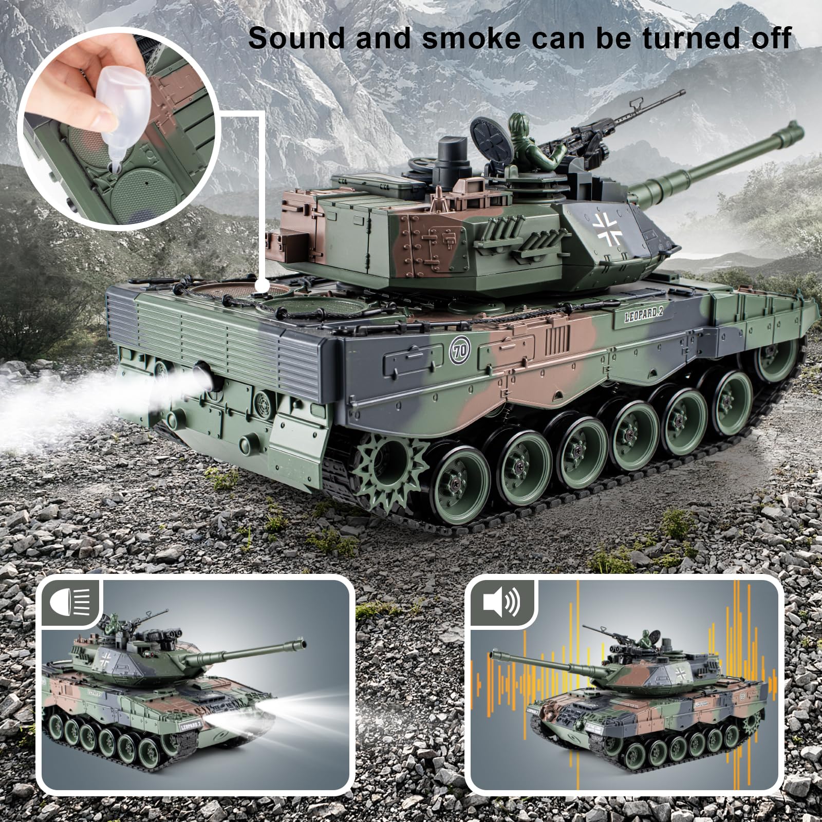 1:18 RC Tank, 2.4Ghz German Leopard II Remote Control Tank Model Toys, Battle Army Tank 15 Channel with Smoke Light and Sound, Military Toy for Adults and Kids That Shoots BBS and Water Bombs