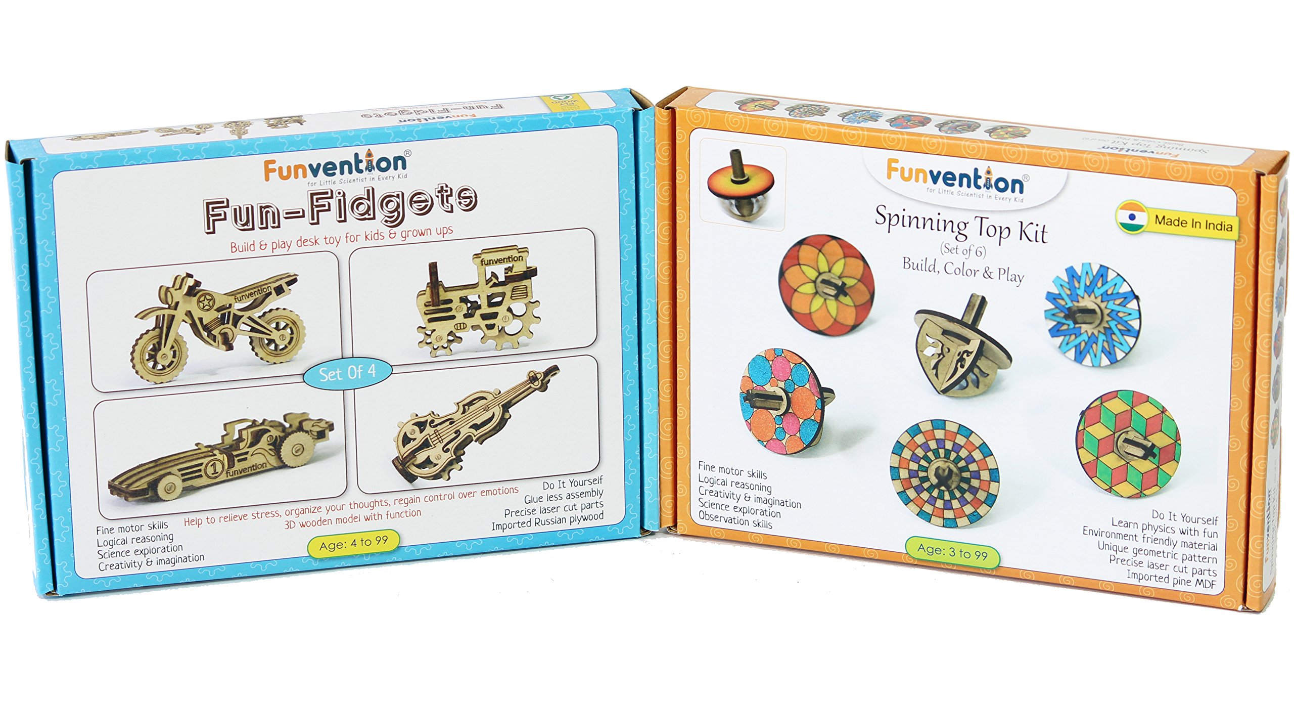 Funvention Kid's Combo of Fun Models (Set of 4 Models) and Spin Tops (Set of 6 Tops) STEM Learning Birthday Gifts