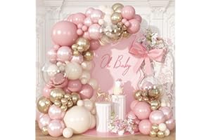 Froova Dusty Pink Balloon Garland Arch Kit, Double Stuffed Pearl Pink White and Gold Balloon Large Clear Balloons for Girls B