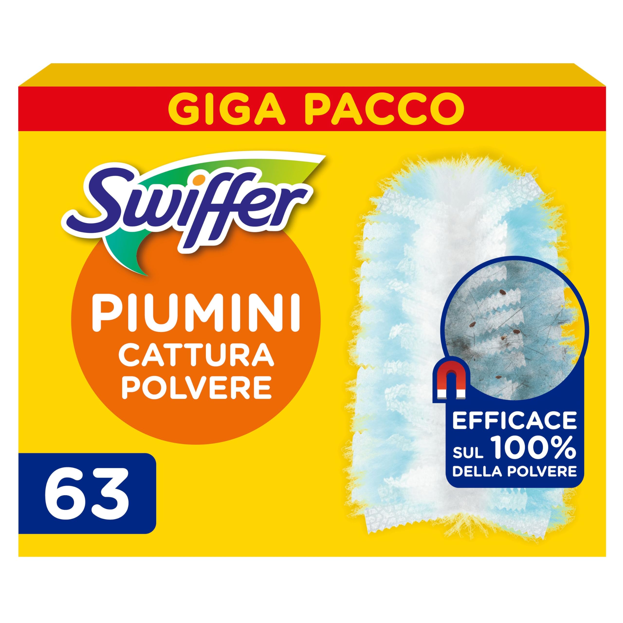 Swiffer Duster Ricariche Piumini Cattura Polvere, 63 Piumini, Cattura e Intrappola Polvere e Sporco, Raggiunge I Punti più Difficili della Casa, Giga Formato