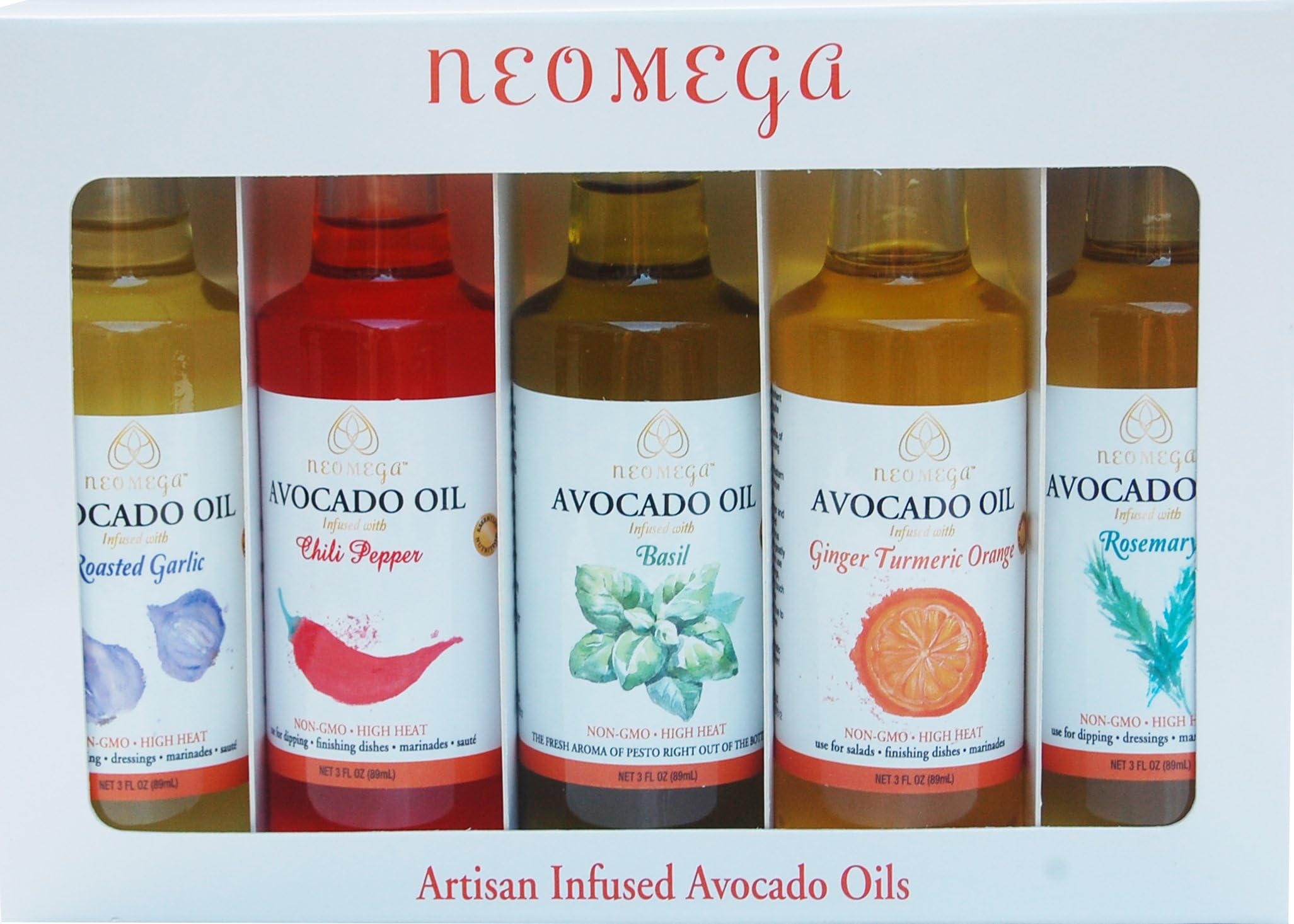 NEOMEGA PALEO/KETO GIFT BOX OF ARTISAN AVOCADO OILS, FIVE FLAVORS: Basil, Garlic, Chili, Rosemary and Ginger-Turmeric-Orange, 3.5 oz each, Made in USA