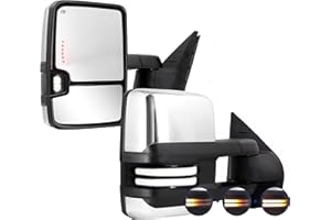 SANOOER Switchback Towing Mirror, for 2007-2014 Chevy Silverado GMC Sierra Tow Mirrors with Power Adjusted Heated Glass Running Light Turn Signal Light Backup Lamp, Chrome