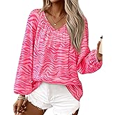 Zenlonr Women's Summer Tops Dressy Casual 2025 V Neck Satin Silk Printed Shirts Boho Long Sleeve Work Blouses(Print Pink,Large)