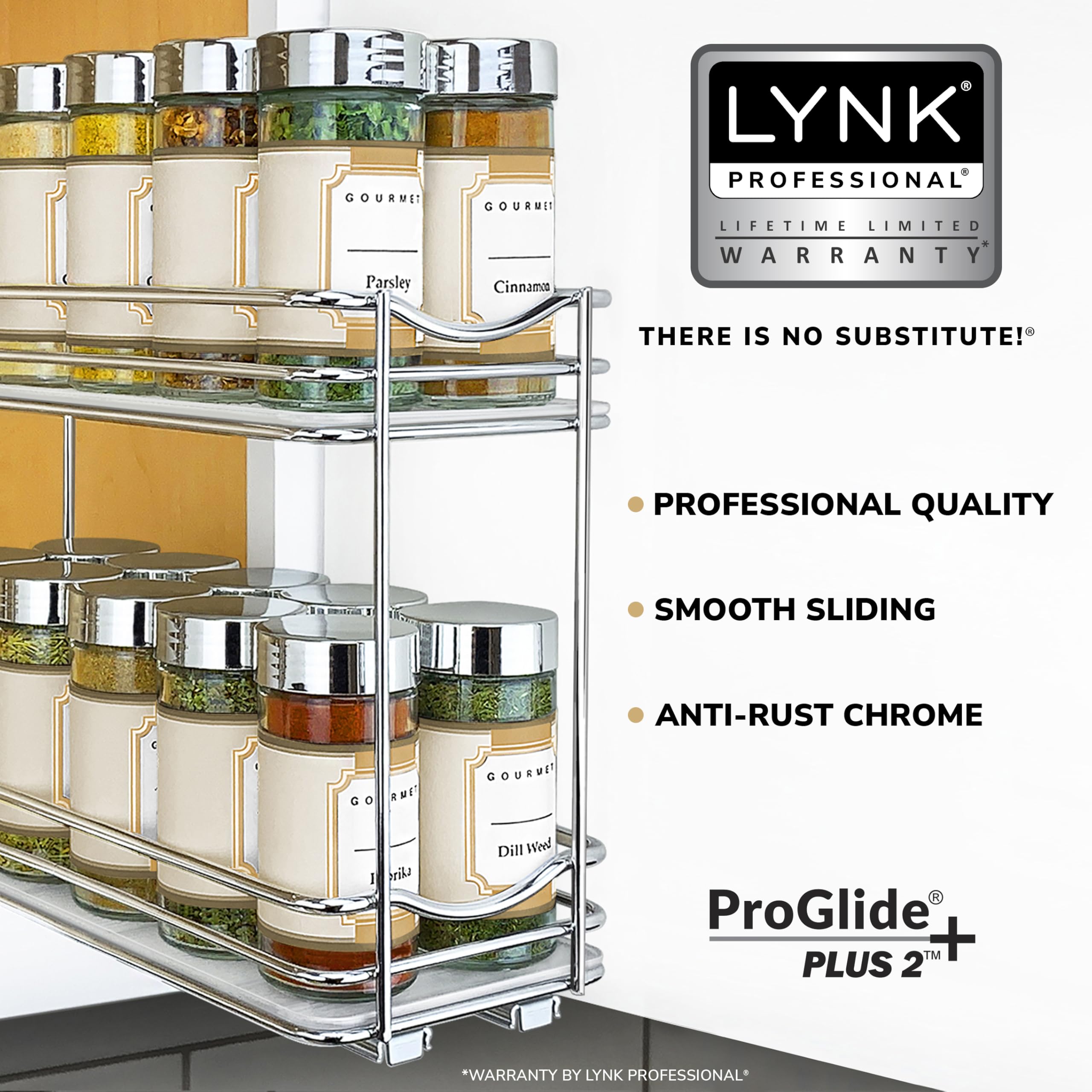 LYNK PROFESSIONAL® Pull Out Spice Rack Organizer for Inside Kitchen Cabinets - 4-3/8 inch Wide - Slide Out Drawer – Chrome Sliding Spice Cabinet Organization Shelf Racks - 2 Tier