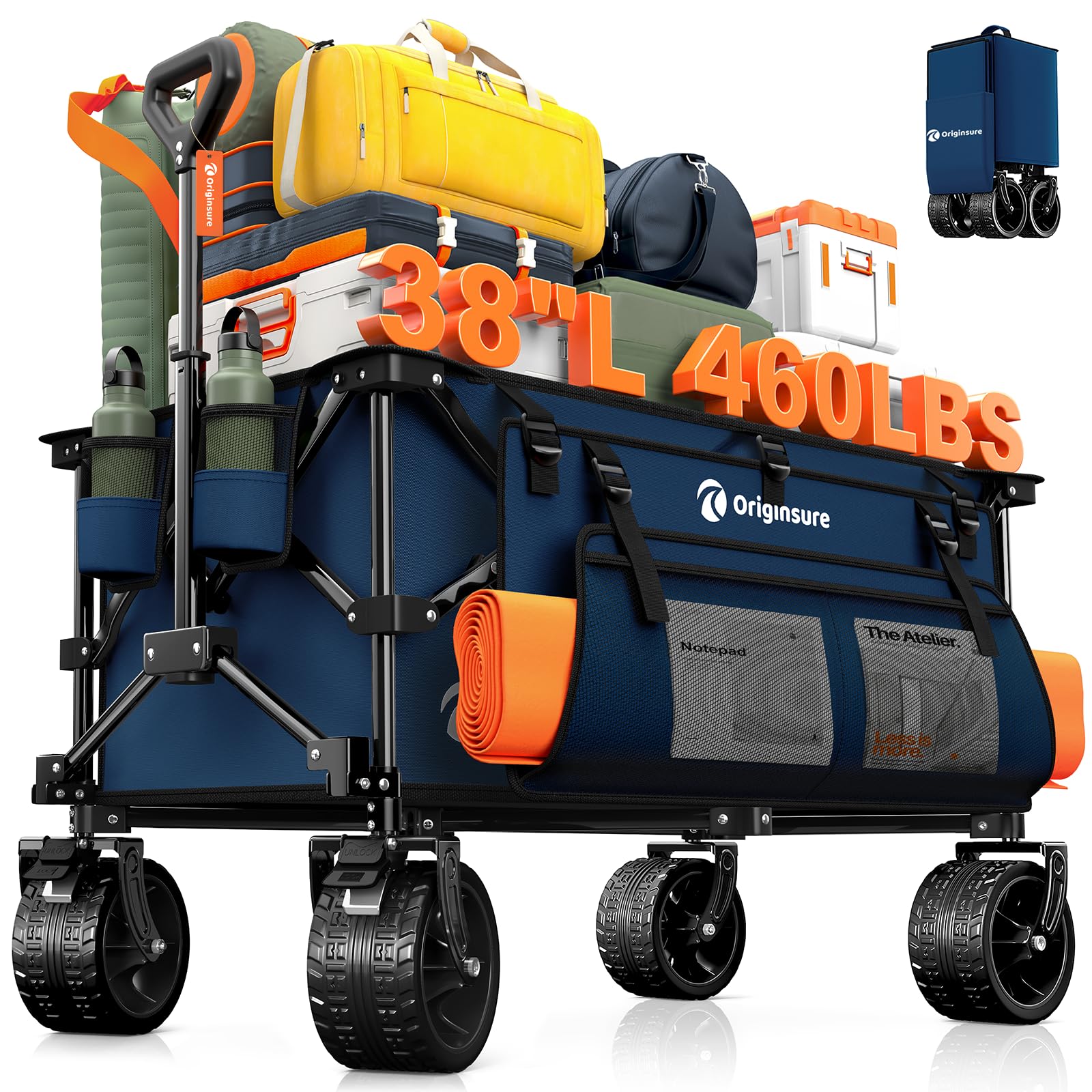 Photo 1 of *** MINOR STAIN ***Originsure 220L Collapsible Wagon Cart Foldable, 460lbs Load Capacity Heavy Duty Folding Beach Wagons with Big All-Terrain Wheels, Utility Carts for Groceries, Shopping, Camping, Sports - Blue