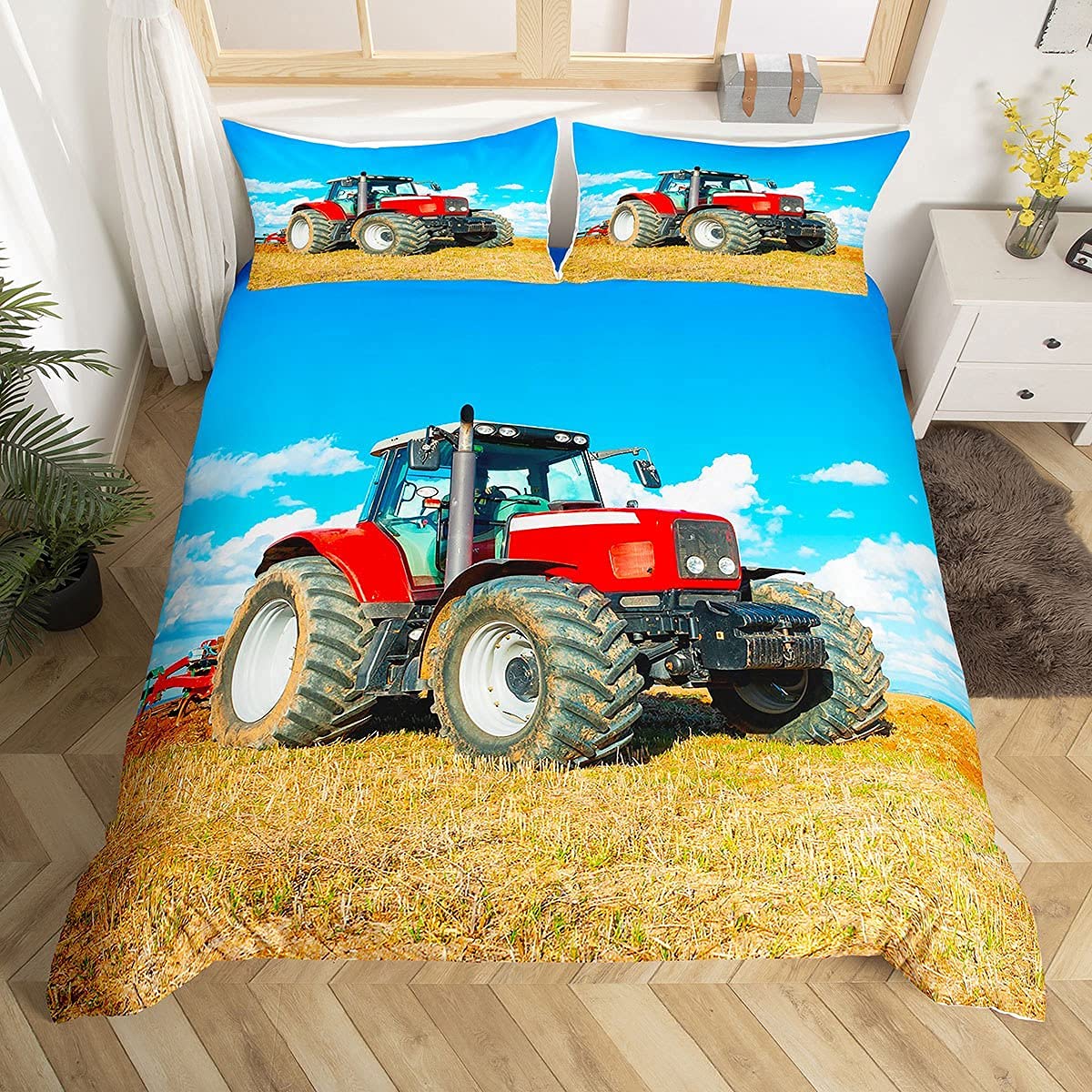 Loussiesd Boys Tractor Bedding Set Men Construction Cars Pattern Comforter Cover for Kids Children Red Heavy Machinery Vehicles Duvet Cover Farm Theme Bedspread Cover Room Decor Quilt Cover King
