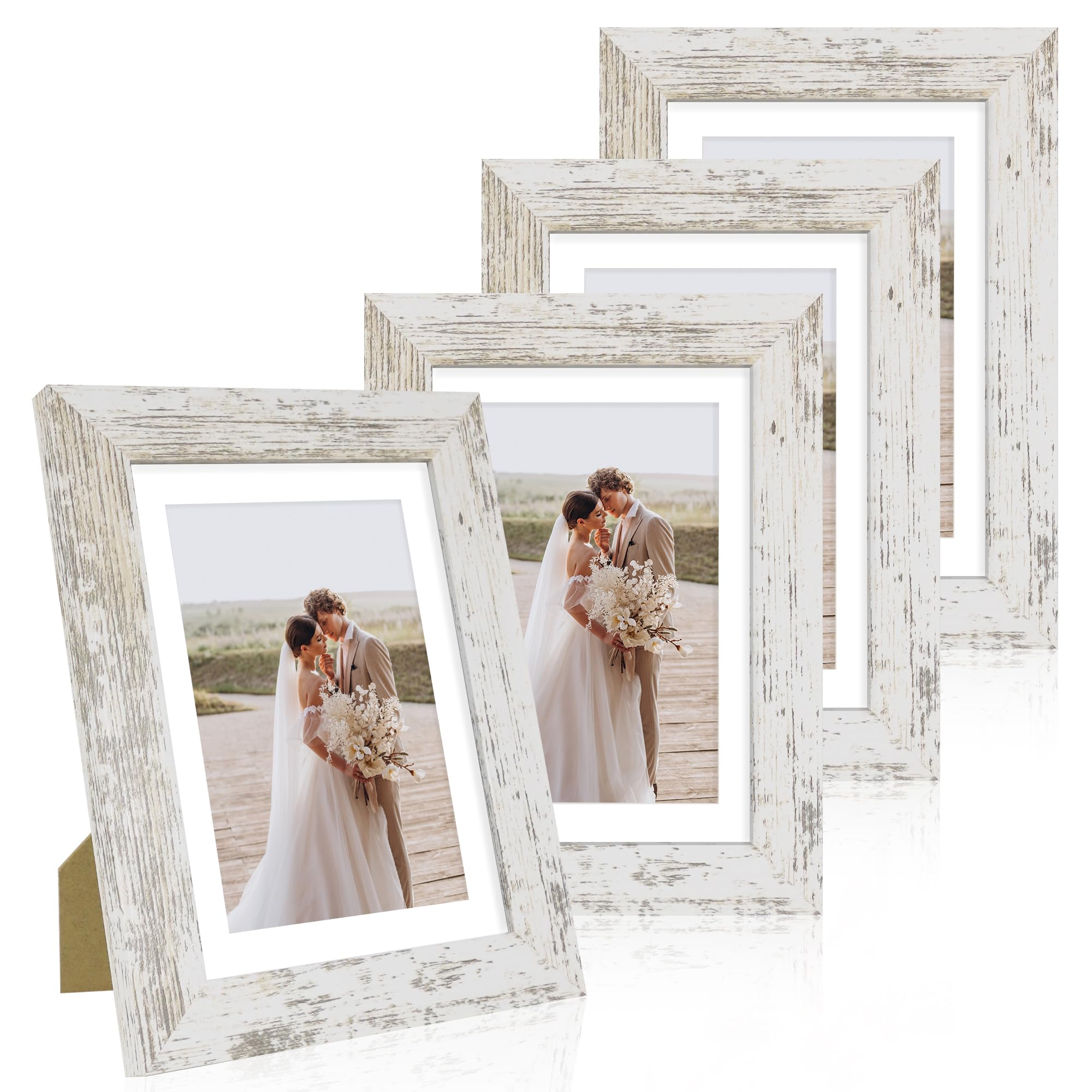 Photo 1 of Hongkee 5x7 Picture Frame Set of 4, Made of Real Glass and Distressed White Wooden Frame, 5 by 7 Photo for Wall or Tabletop - Display Picture 4x6 with Mat or 5x7 Without Mat