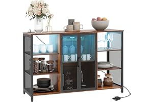 HOMCOM Wine Bar Cabinet with Charging Station and LED Lights, 47" Industrial Liquor Cabinet Bar Stand for Home, Wine Table with Glass Holders, Adjustable Shelf and 6 Open Shelves, Rustic Brown