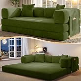 CUBENTE 78.8" Convertible Futon Sofa Bed, Boneless Couch for Living Room | Corduroy Boneless Loveseat Sleeper Sofa, Modular Futon Couch with Storage Pocket, Pull Out Couch No Assembly | Green
