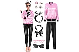 SOMSOC 1950s Pink Satin Jacket with Pant Polka Dot Scarf Headband Earrings and Cat Eye Glasses Halloween Cosplay Costume Set