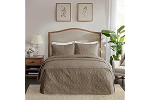 Madison Park Quebec Split Corner Quilted Bedspread Classic Traditional Design All Season, Lightweight, Bedding Set, Matching Shams, Queen, Damask Quilted Khaki 3 Piece