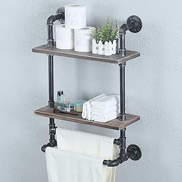 Amazon Com Womio Industrial Pipe Bathroom Shelves Wall Mounted 19 7in Rustic Wall Decor Farmhouse 2 Tier Towel Rack With 2 Towel Bar Metal Floating Shelves Towel Holder Wall Shelf Over Toilet Furniture Decor