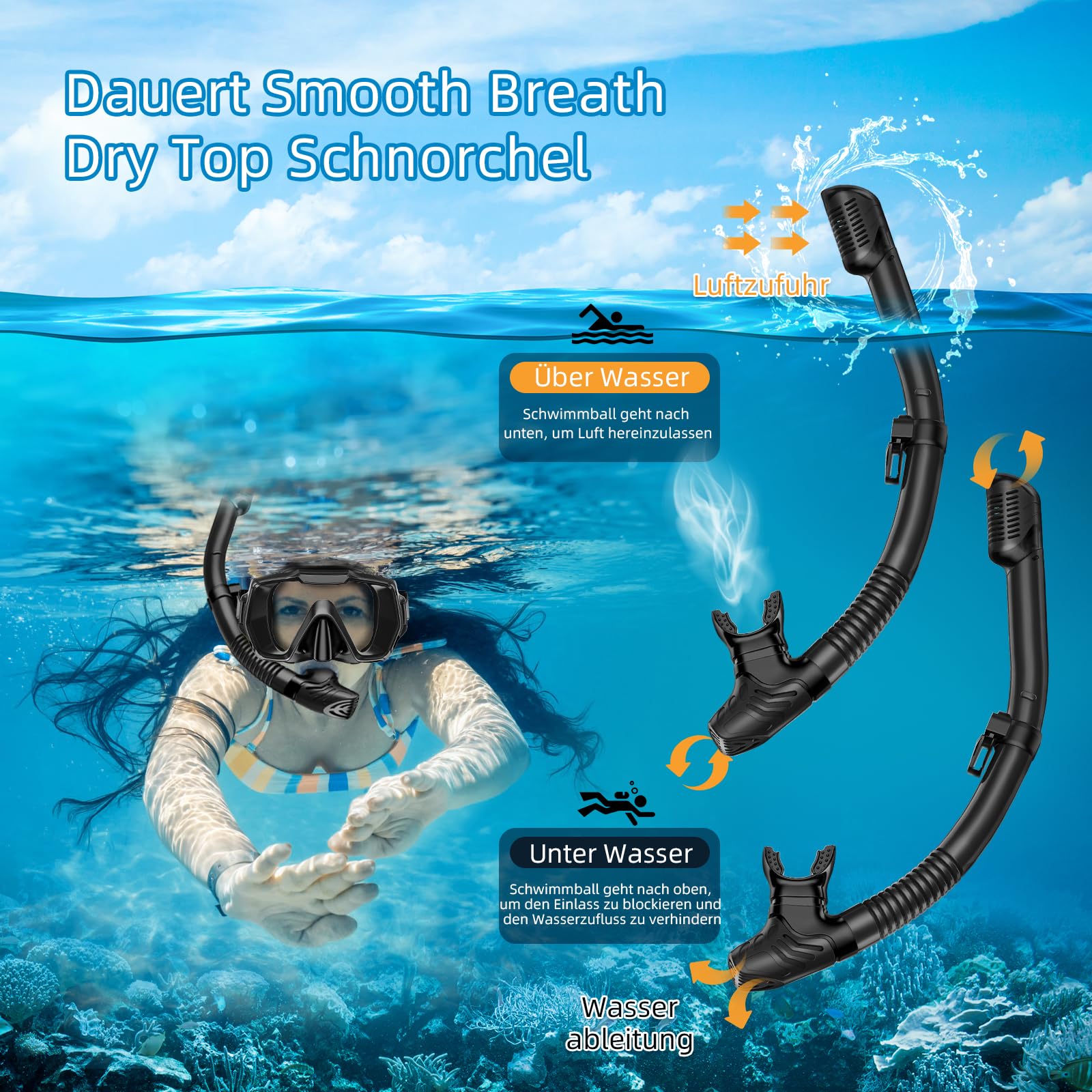 Schnorchelset Erwachsene Schnorchelausrüstung Anti-Leck und Anti-Beschlag gehärtete Glaslinse Panoramablick Schwimmmaske Trockenschnorchel-Kit für Schnorcheln Tauchen mit Tragetasche Schwarz 3