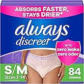 Always Discreet Adult Incontinence Underwear for Women and Postpartum Underwear, Small/Medium, Up to 100% Bladder Leak Protection, 84 Count (2 Packs of 42)