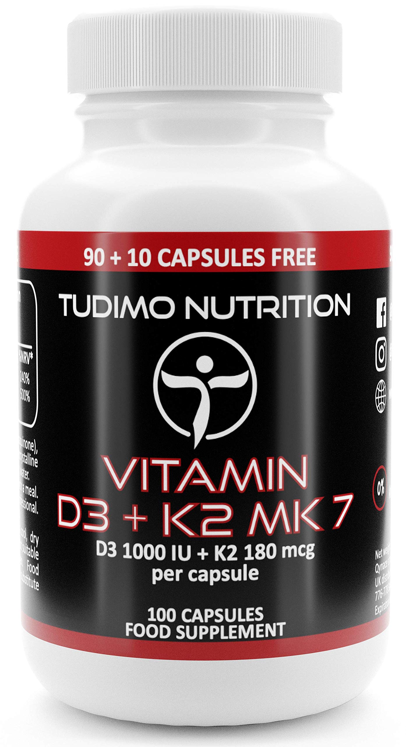 ★ Vitamin D3 K2 MK7 ★ Capsules ★ 1000 IU / 180 mcg - 100 pcs (3+ Month Supply) of Rapidly Disintegrating Capsules with Premium Quality VIT K2 as Menaquinone and VIT D3 as Cholecalciferol Powder