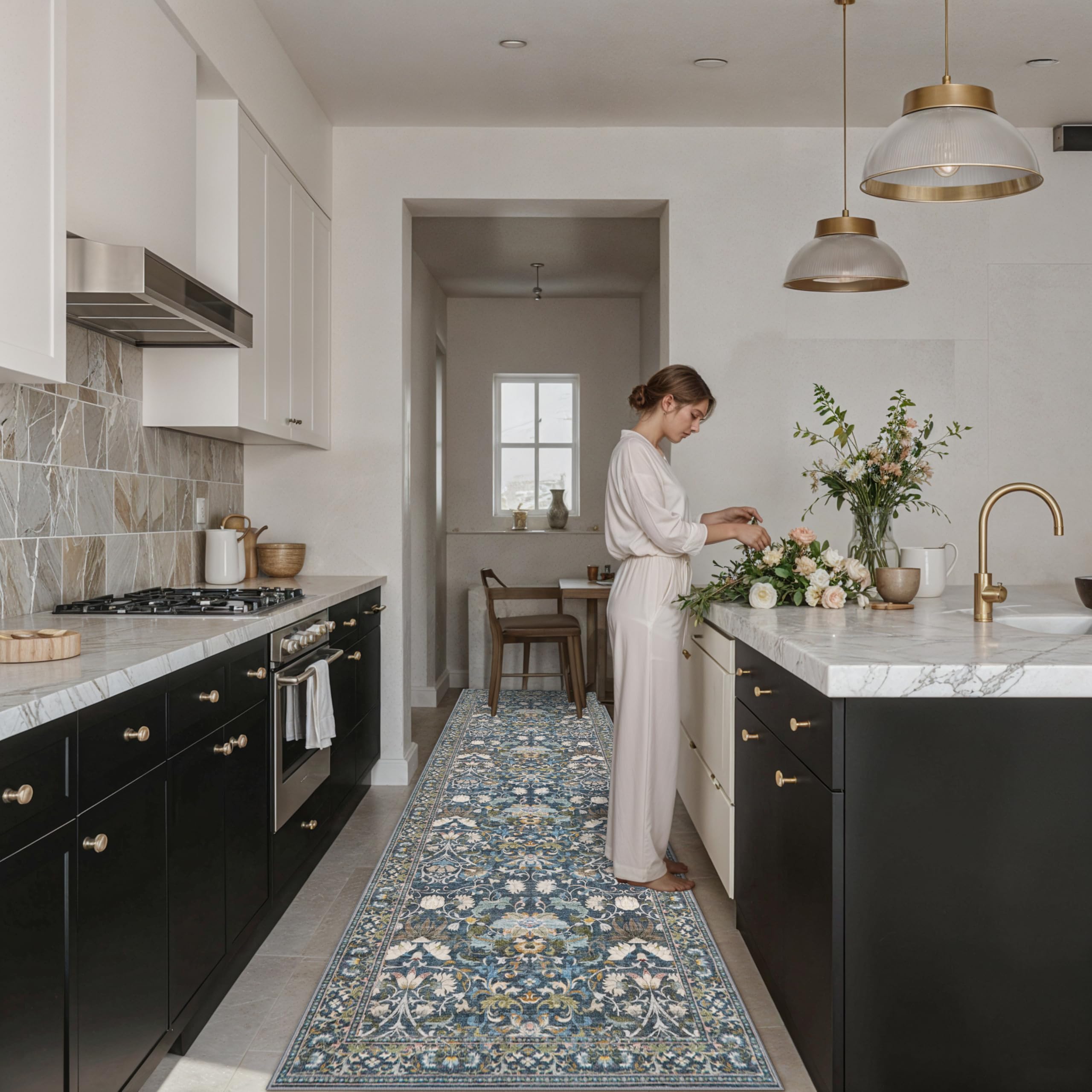 Photo 1 of Hallway 3x10 Washable Runner Rug: Kitchen Rugs Entryway Area Rugs Vintage Soft Floor Mat Non Slip Indoor Farmhouse Carpet for Bathroom Living Room Bedroom Printed Rug for Family(3x10 Floral/Blue)