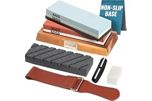 Cutluxe Whetstone Knife Sharpener – Sharpening Stone Kit, Professional 4 Side Grit 400/1000/3000/8000, Non Slip Acacia Wood Base, Angle Guide, Black Flattening Stone, Leather Strop