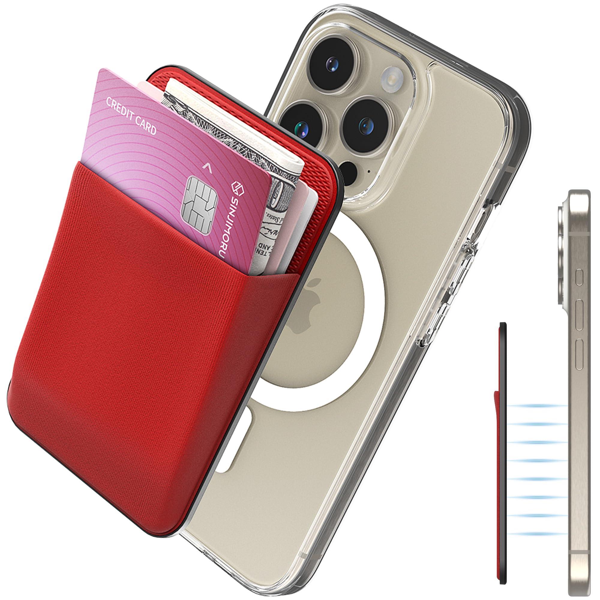 Sinjimoru for MagSafe Wallet, Strong Magnetic Wallet for iPhone 16 15 14 13 12, Stretchy Magnetic Card Holder for IDs, Cash, Keys, etc. M-Basic Red