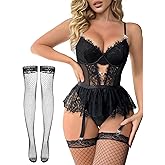 Alrovetoney Women Lingerie Set Naughty Lace Bodysuit High Waisted Underwire Lingerie Babydoll With Garter Belt and Stockings