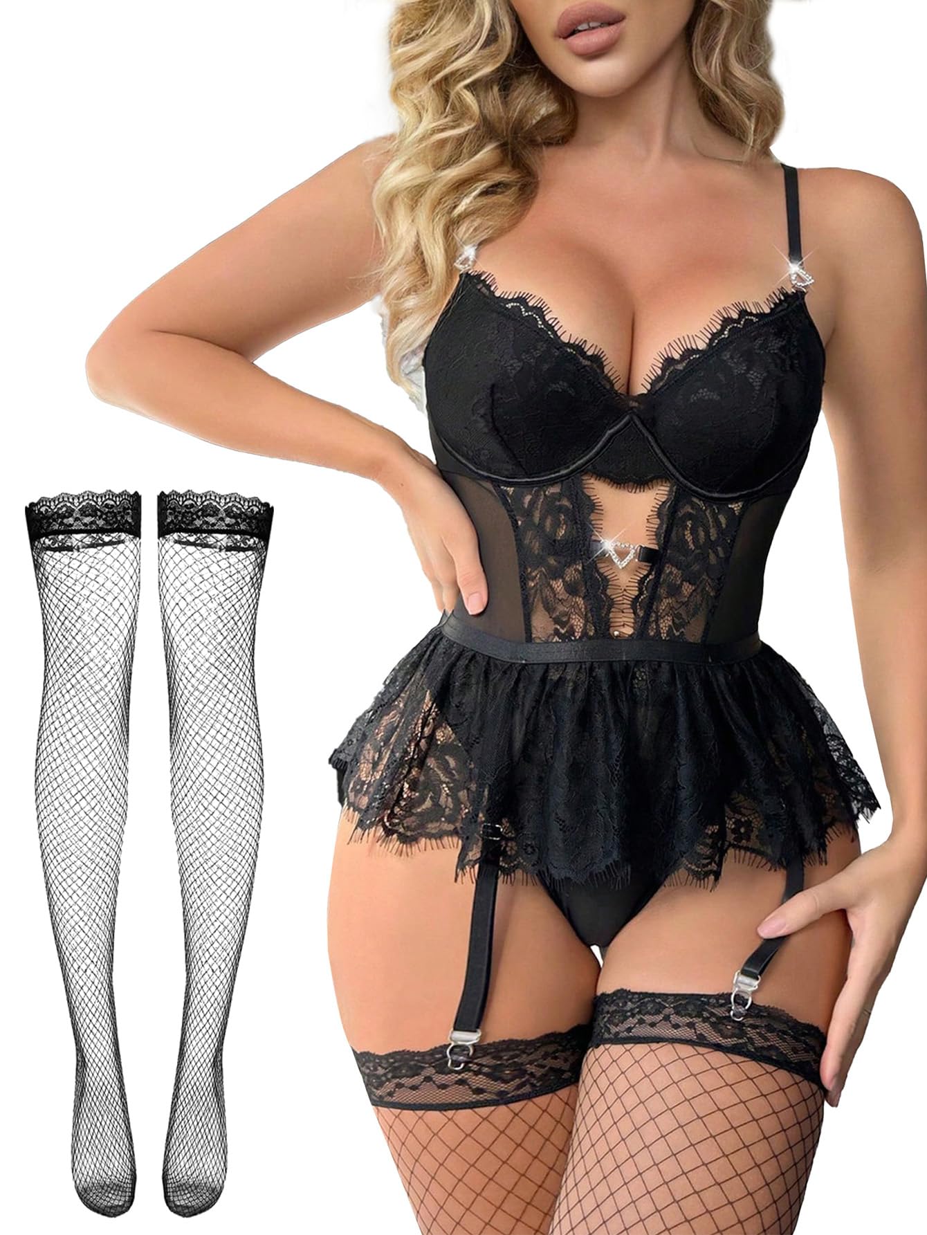 Photo 1 of Alrovetoney Sexy Garter Lingerie for Women Sexy Bodysuit Lace Babydoll with Garter Mini Teddy Bodysuit Stockings Black S