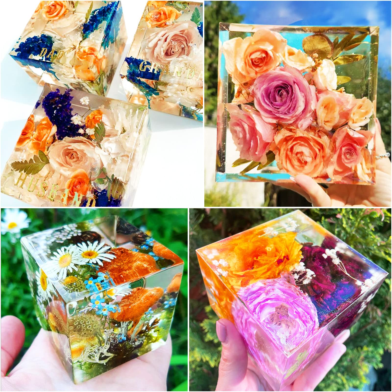BABORUI 8Pcs Large Square Resin Molds Silicone, Upgraded Cube Silicone Molds for Resin Casting with Wooden Support, Square Epoxy Resin Molds for Home Decor, Flowers Preservation