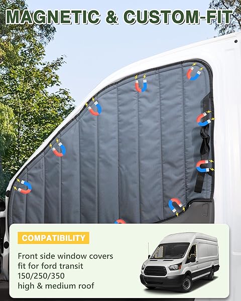 VANHOXCCI INSULATED BLACKOUT VAN WINDOW COVERS FIT FOR FORD TRANSIT 150 250 350 HIGH/MEDIUM ROOF 2015-2025, MAGNETIC VAN FRONT DOOR SIDE WINDOW SHADES (PAIR) – GRAY