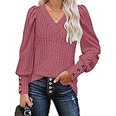 Fayenne Women's Puff Long Sleeve Tops Business Casual Outfits V Neck Shirt Decorative Buttons Knitted Fall Winter Sweaters