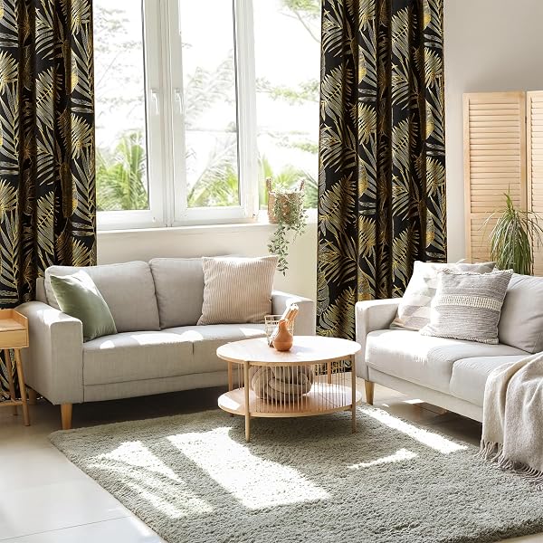 RONALDECOR GOLD LEAF FOIL BLACKOUT CURTAINS 84 INCHES LONG FOR BEDROOM BLACK CURTAIN PANELS ROOM DARKENING THERMAL INSULATED NOISE REDUCING GROMMET WINDOW TREATMENTS SETS, 52″ W, 2 PANELS