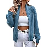 Women's Lightweight Zip up Cardigan Casual Stand Collar Cable Knit Sweater Warm Long Sleeve Outwear Coat