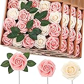 Luinabio 100 Pieces Artificial Foam Rose Flowers Faux Bouquet with Leaves and Stems for DIY Wedding Bouquets Centerpieces Bridal Shower Party Valentine Home Decorations(Pink, Champagne)