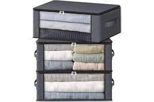 HomeHacks Storage 3-Pack Clothes Organizer Storage Bags Foldable Storage Box with Large Clear Window Sturdy Handles for Closet, Dorm, Pillows, Bedding, Clothes, Blankets, 35L, Gray