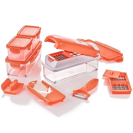 Genius Nicer Dicer Smart | 15 Teile | Neon-Orange | Alles-Schneider | Obst- und Gemüseschneider