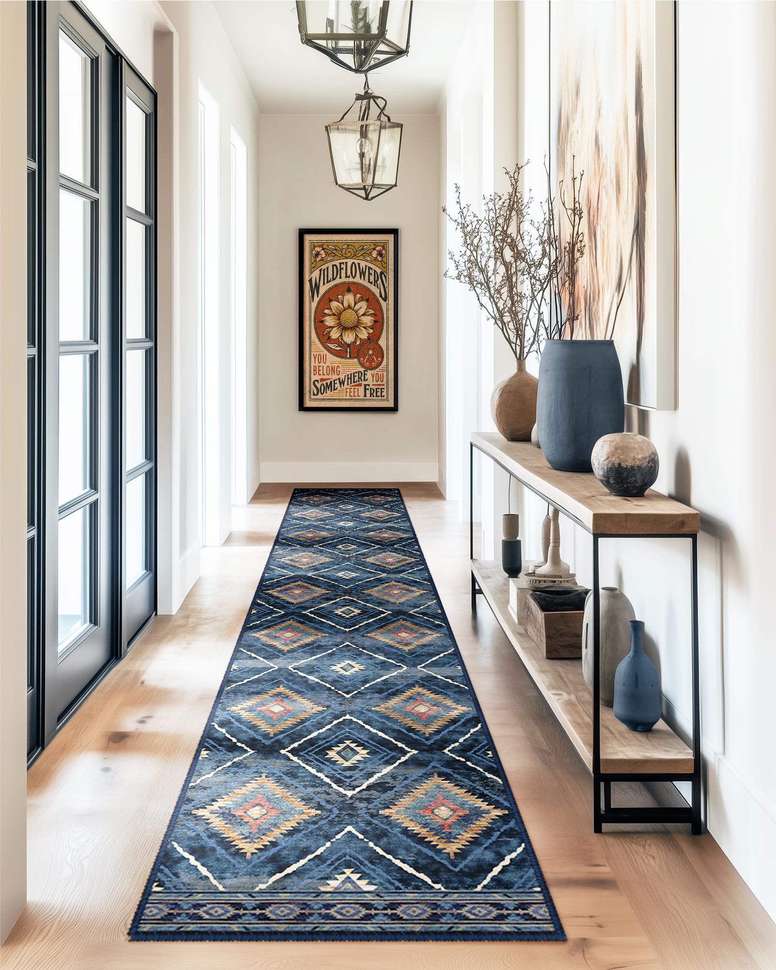 Photo 1 of Area Rug 2x10 Rug Machine Washable Non-Slip Low Pile Print Pattern Western Rug for Living Room Bedroom Entryway Tribal Series -Darkblue