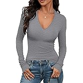 Prettywear Sexy Deep V Neck Long Sleeve Shirts for Women Ribbed Going Out Tops Fitted Casual Basic 2026 Spring Summer Clothes