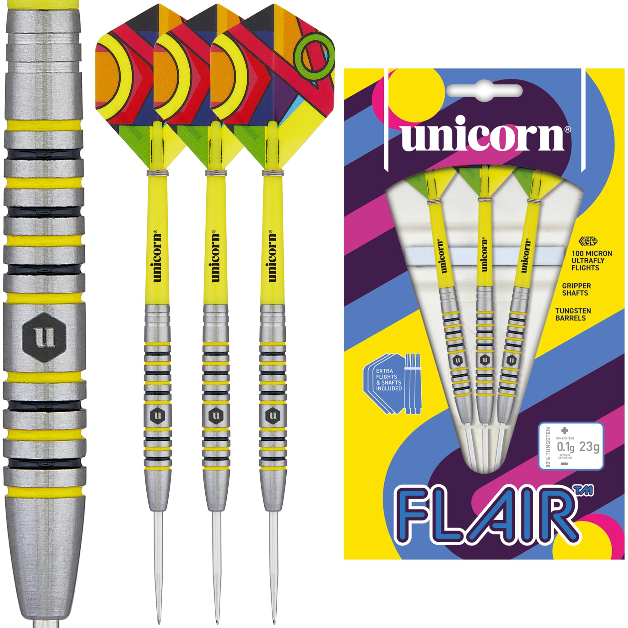 Unicorn Professional Darts Set | Flair 4 | 80% Natural Tungsten Barrels with Black & Yellow Accents & Laser Etched U Logo Hallmark | Steel Tip | 23 g | Extra Flights & Shafts