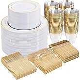 WELLIFE 300Pcs Gold Dinnerware Set for 50 Guests, Gold Rim Plastic Plates Disposable, 50 Dinner and 50 Salad Plates, 50 Cups, 50 Silverware Set for Party
