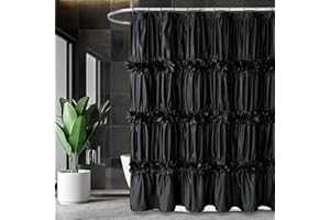 Homechoice Decor Black Ruffle Shower Curtain, Vintage Handcrafted Bow Tie Bath Curtain for Master Bathroom, Ruched Satin Bathroom Curtain with 12 Buttonholes, 72" W x 72" H (LQ-10)