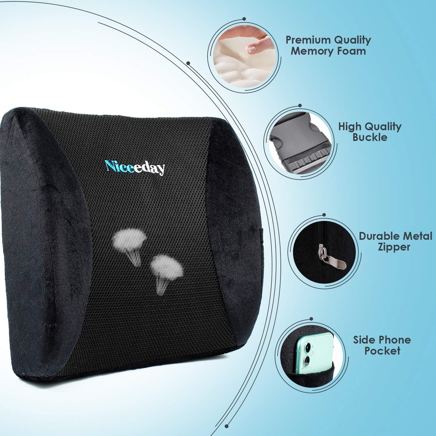 Memory Foam Lumbar Support Back Pillow Coccyx Orthopedic Cushion for Office Chair,Car,3D Mesh Lumbar Support Pillow for Reliving Lower Back Pain Pillow with Breathable Washable Cover: Kitchen & Dining