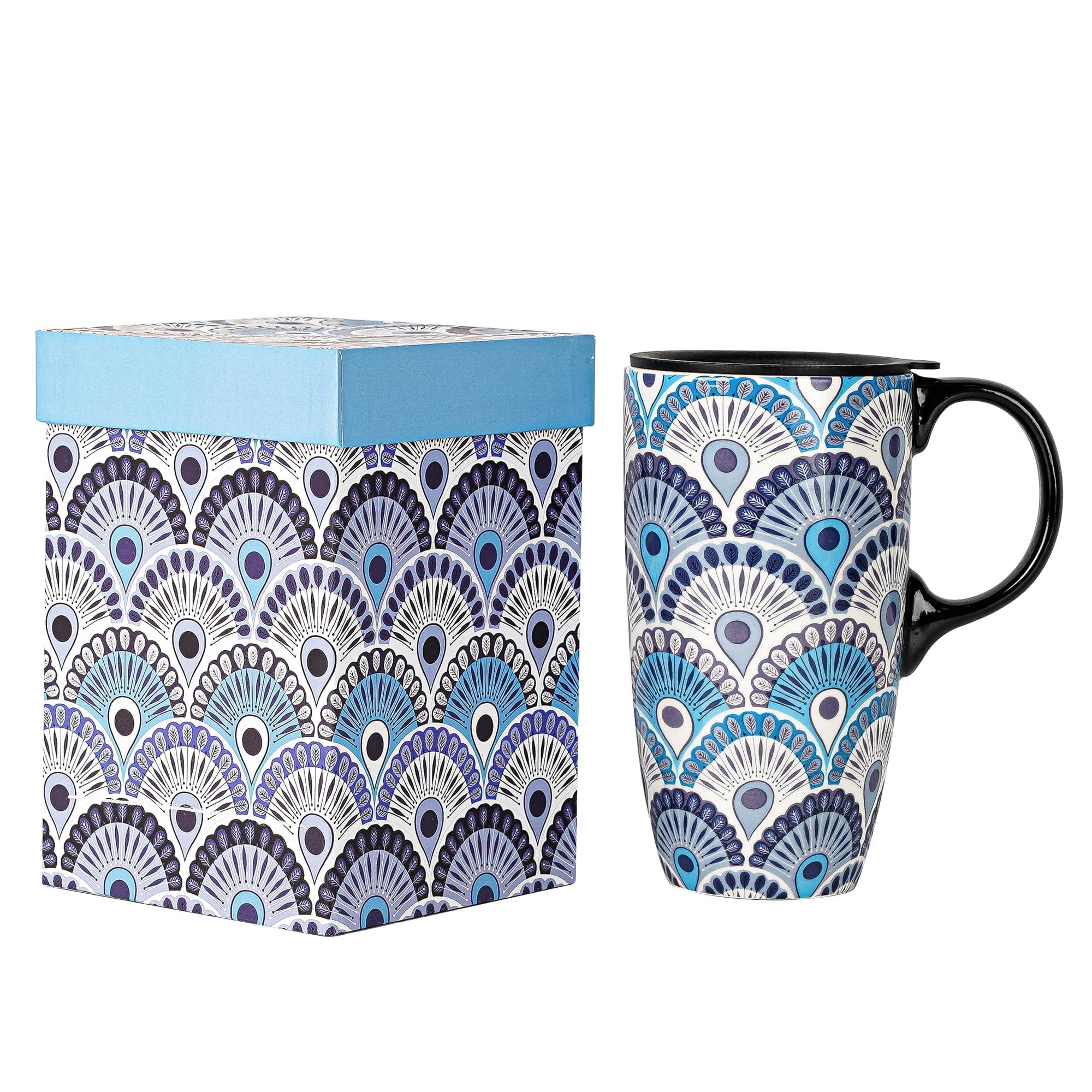 DUSVALLY 17oz Peacock Travel Mug - Spill-Proof Ceramic Coffee Cup with Secure Lid, Ideal for Office Commute & Daily Use, Dishwasher Safe