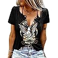 Vintage Rock Roll Concert T-Shirt Women Loose Casual Shirt Tops Funny Skeleton Eagle Graphics V Neck Short Sleeve