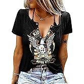 Vintage Rock Roll Concert T-Shirt Women Loose Casual Shirt Tops Funny Skeleton Eagle Graphics V Neck Short Sleeve