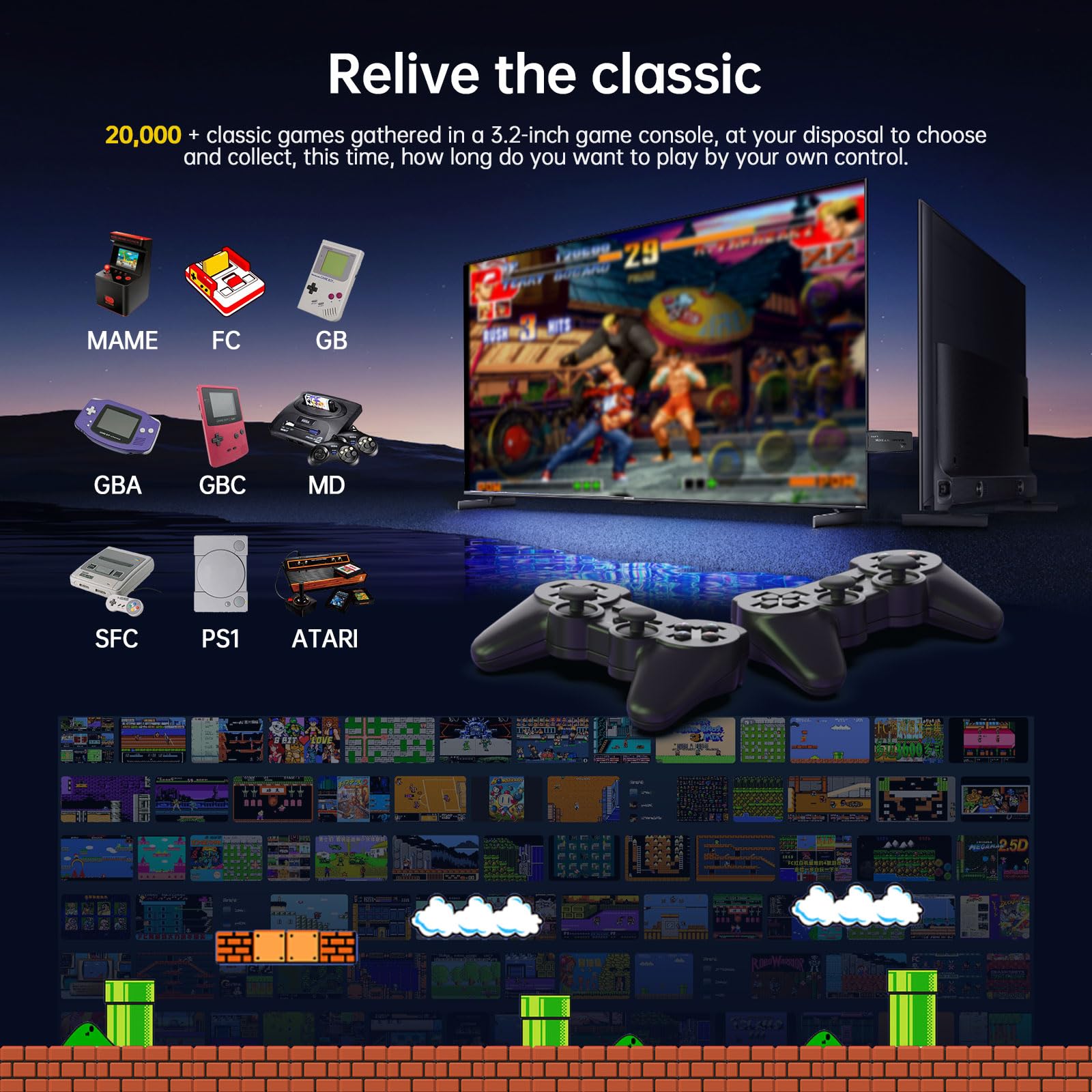 Retro Game Console 20000+ Games,64GB,4k Definition,Game Stick with Built-in 9 Emulators&Dual 2.4G Wireless Controllers,Plug and Retro Play Video Games for TV.