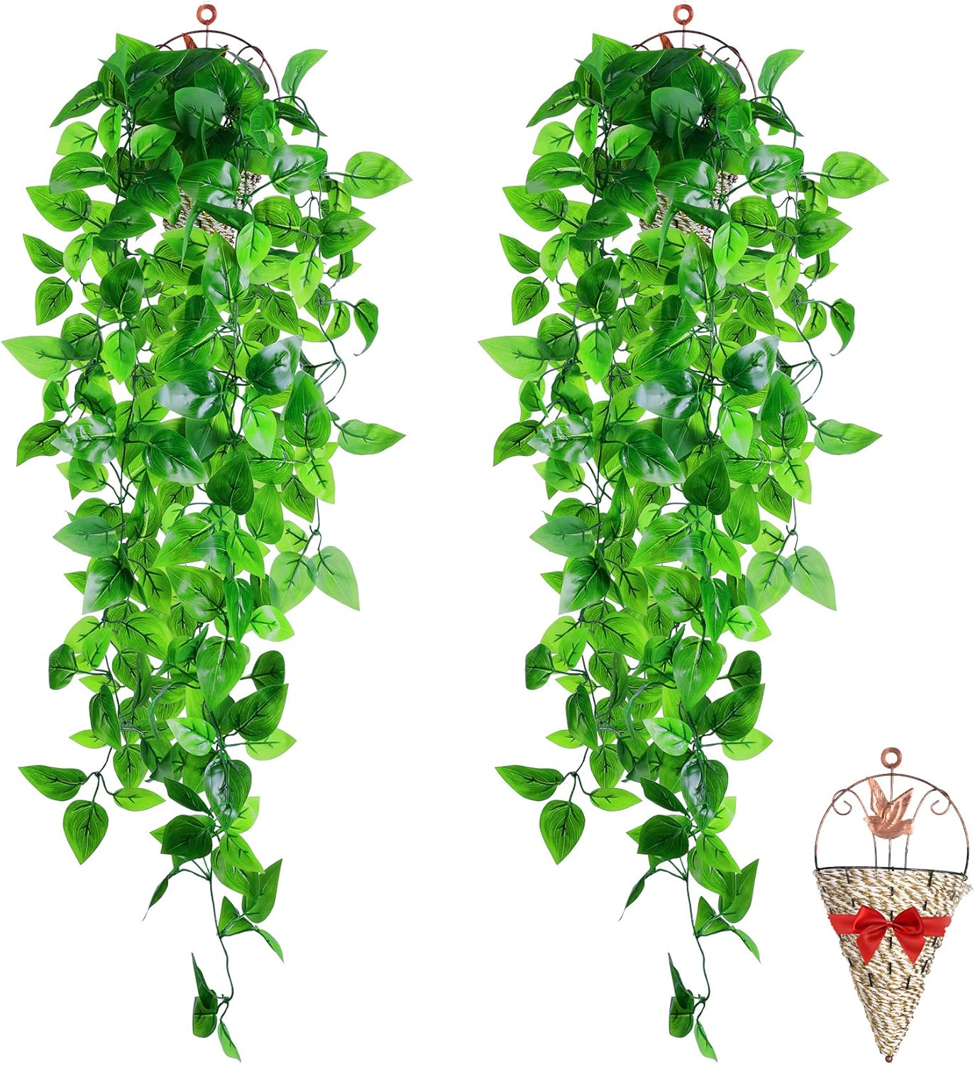 BABEIYXM 2 Pieces Artificial Hanging Pot Plants ,3.6 Feet Long Artificial Ivy Fake Green Leaves , Upgraded Models, Suitable for Wall Indoor Outdoor Garden Wedding Decoration (2 Baskets)