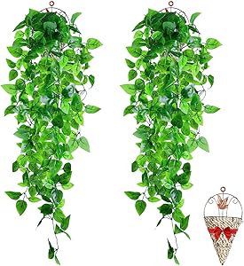BABEIYXM 2 Pieces Artificial Hanging Pot Plants ,3.6 Feet Long Artificial Ivy Fake Green Leaves , Upgraded Models, Suitable for Wall Indoor Outdoor Garden Wedding Decoration (2 Baskets)