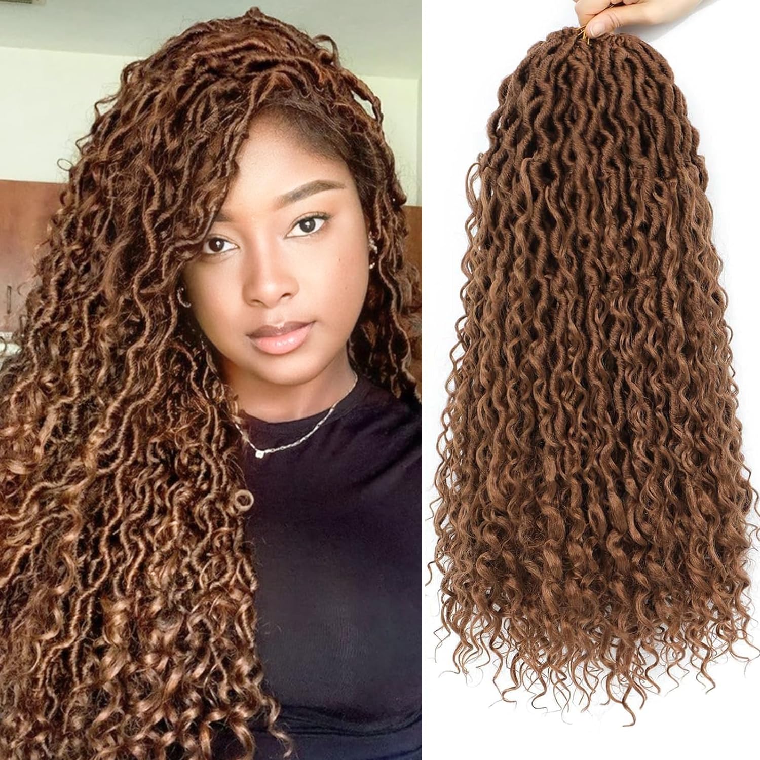 PORSMEER 18 Inch Goddess Locs Crochet Hair 6 Packs for Women Pre-looped River Curly Faux Locs Crochet Hair with Curly Ends Boho Locs Synthetic Hair Extensions (Auburn Brown)