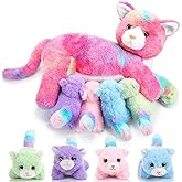 Skylety Nurturing Cat Stuffed Animal with 4 Plush Kittens, Cats Baby Stuffed for Girls Boys Plushy Mommy Kitty with Baby Kittens for Birthday Party Favors Gifts(Novelty Style)