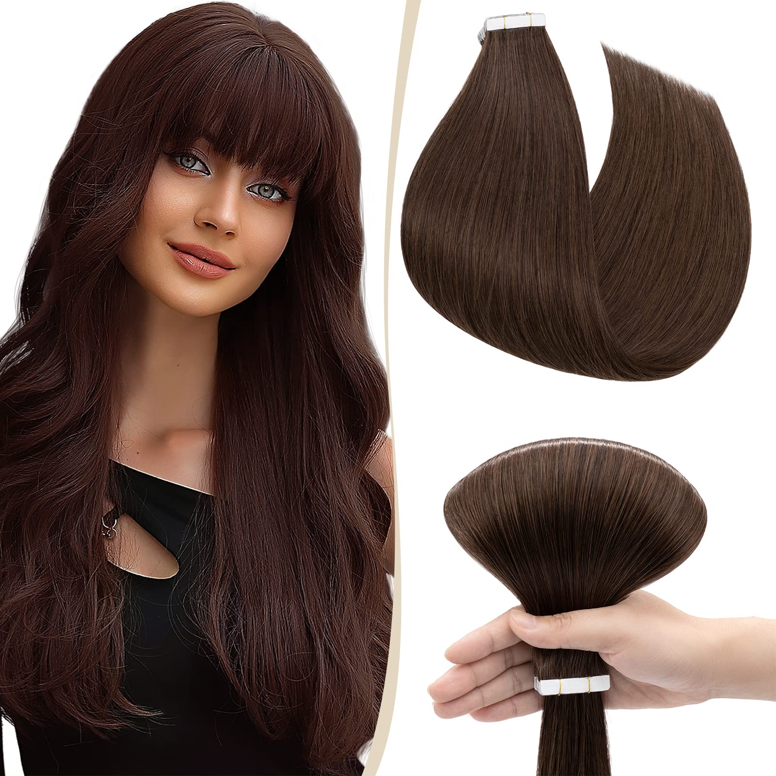 18 inch SEGO Tape in Hair Extensions Real Human Hair 10 Pieces [#4 Medium Brown] Remy Hairpieces Invisible Skin Weft Seamless Straight Natural (25g) — image 1