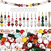 Ferreve 195 Pcs DIY Christmas Beads Ornaments Kits with Twine Beadable Blank Christmas Tree Hangers Elk Snowman Elf Wooden Bead for Xmas Tree Hangers Garland Crafts Winter Party Farmhouse Home