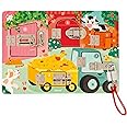 Janod J07119 Farm Padlock Activity Board with 5 Opening Types of Wooden Toys, FSC- from 3 Years, Multi-Coloured