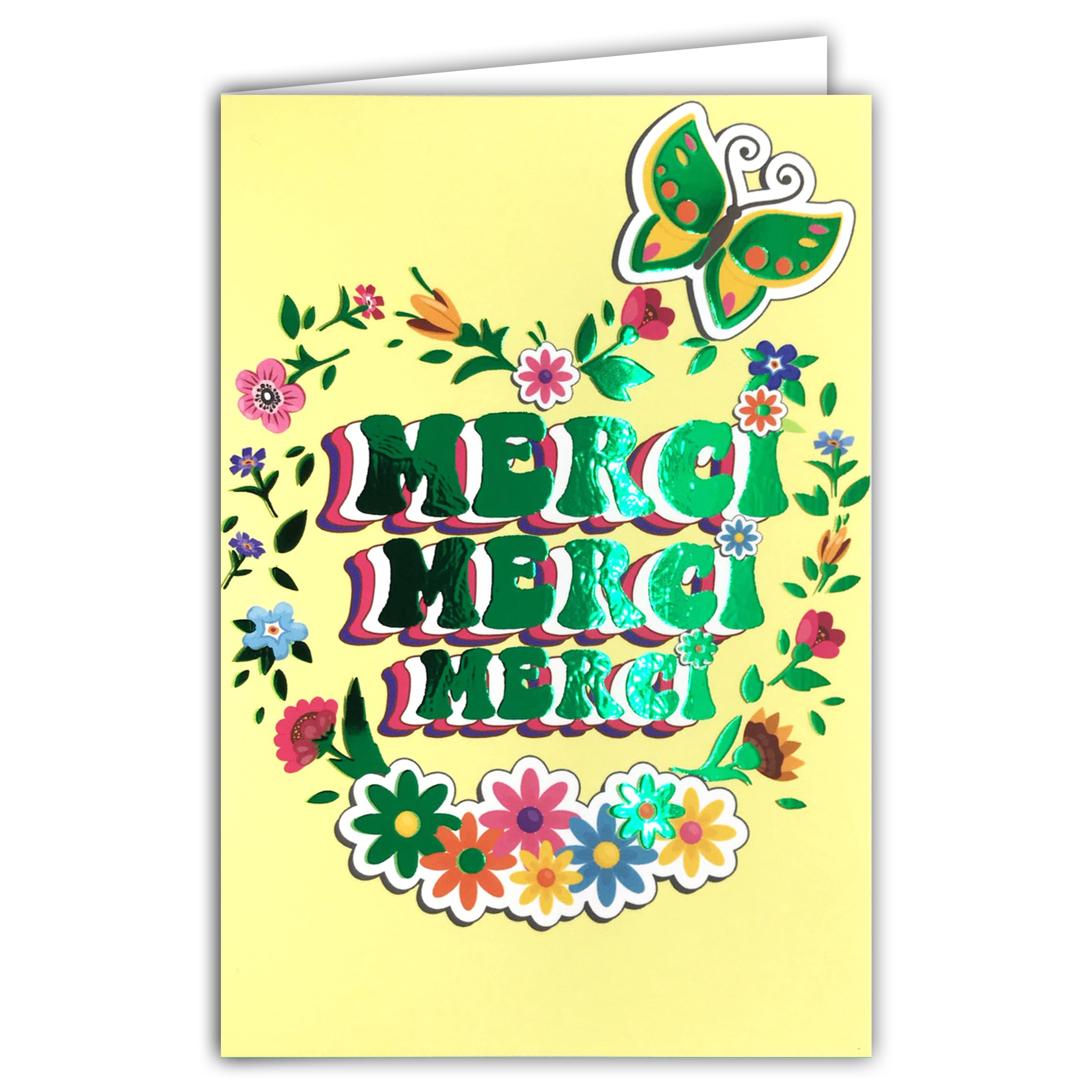 69-9039 Thank You Card in Shiny Copper Orange + Envelope 12 x 17.5 cm Heart Shaped Flowers Butterfly Hippies Boho 1960s Sixties - White Interior - Creation Print Made in France